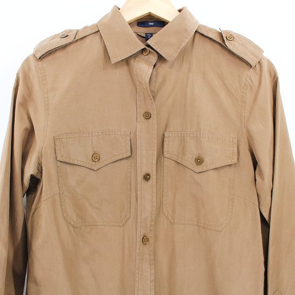 GAP Silk Cotton Utility Shirtdress Khaki Button Front Epaulettes Size 4 - Picture 3 of 11